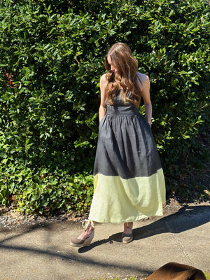 Linen Two Tone Dress in Charcoal/Lime