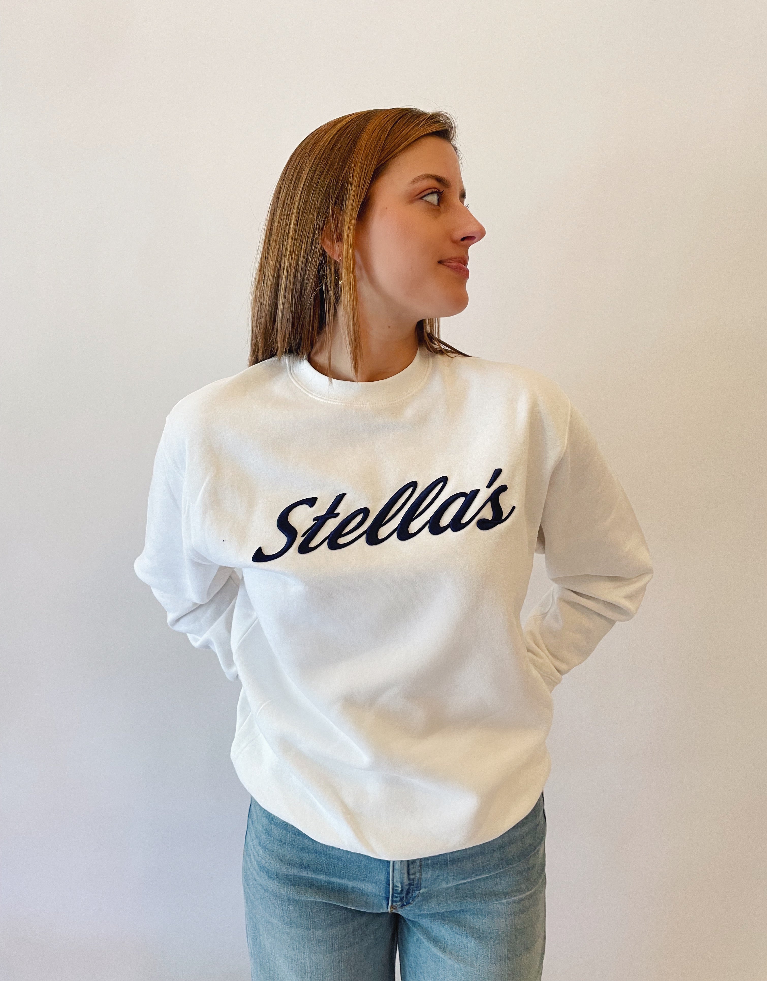 Stella's Embroidered Crewneck Sweatshirt White with Navy Embroidery