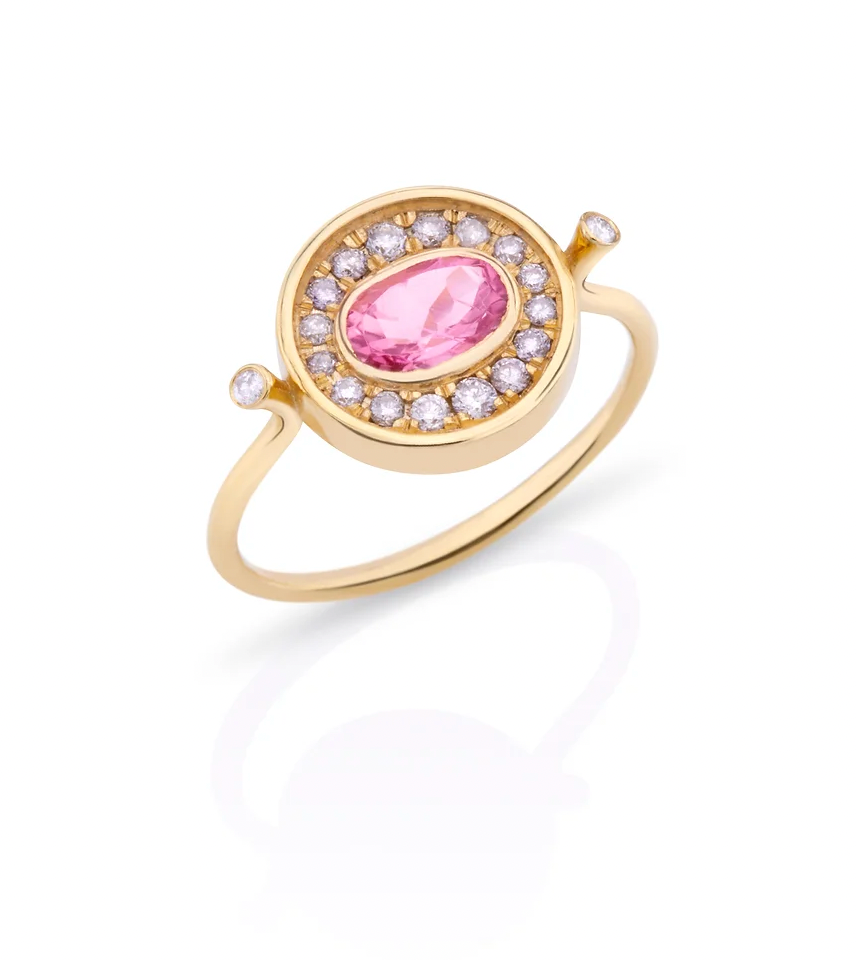 Pink Tourmaline Vintage Round Ring with Diamonds