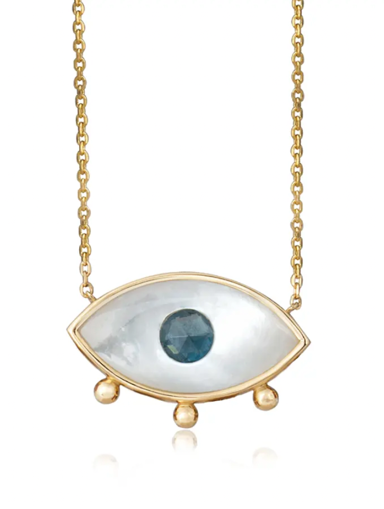 White and Blue Evil Eye 14K Gold Necklace with 3 Gold Dots
