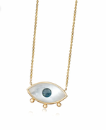 White and Blue Evil Eye 14K Gold Necklace with 3 Gold Dots