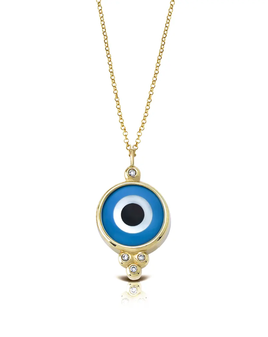Round Evil Eye 14K Gold Necklace with 4 Diamonds