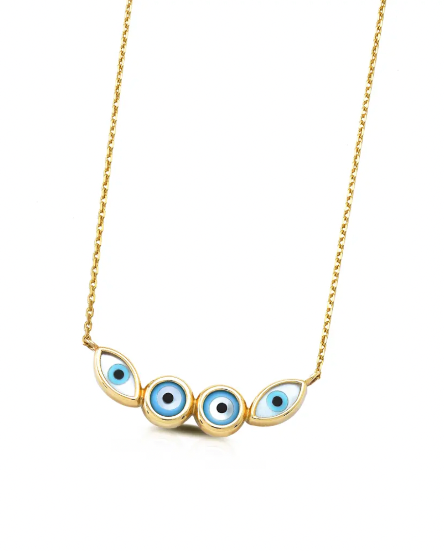 Navette and Round Evil Eye 14K Gold Tiny Necklace