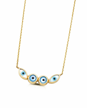 Navette and Round Evil Eye 14K Gold Tiny Necklace