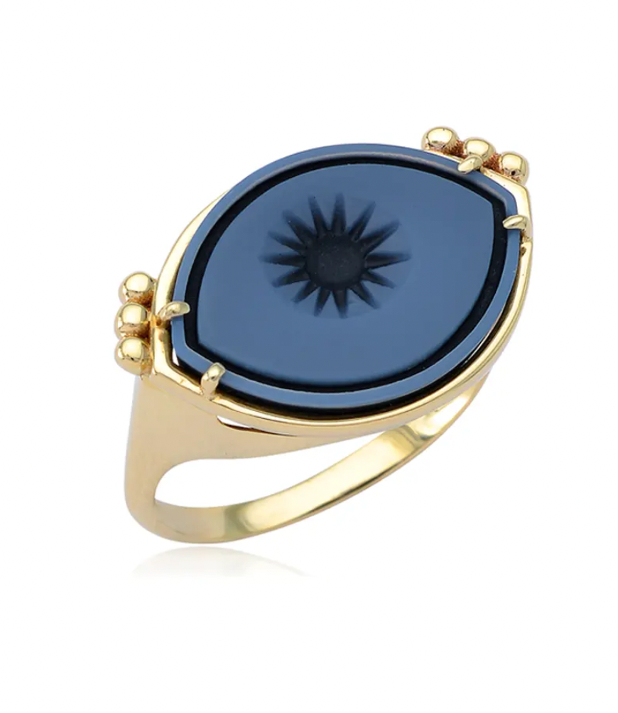 Cycladic Talisman 14K Gold Ring with Cameo Eye and 6 Gold Dots