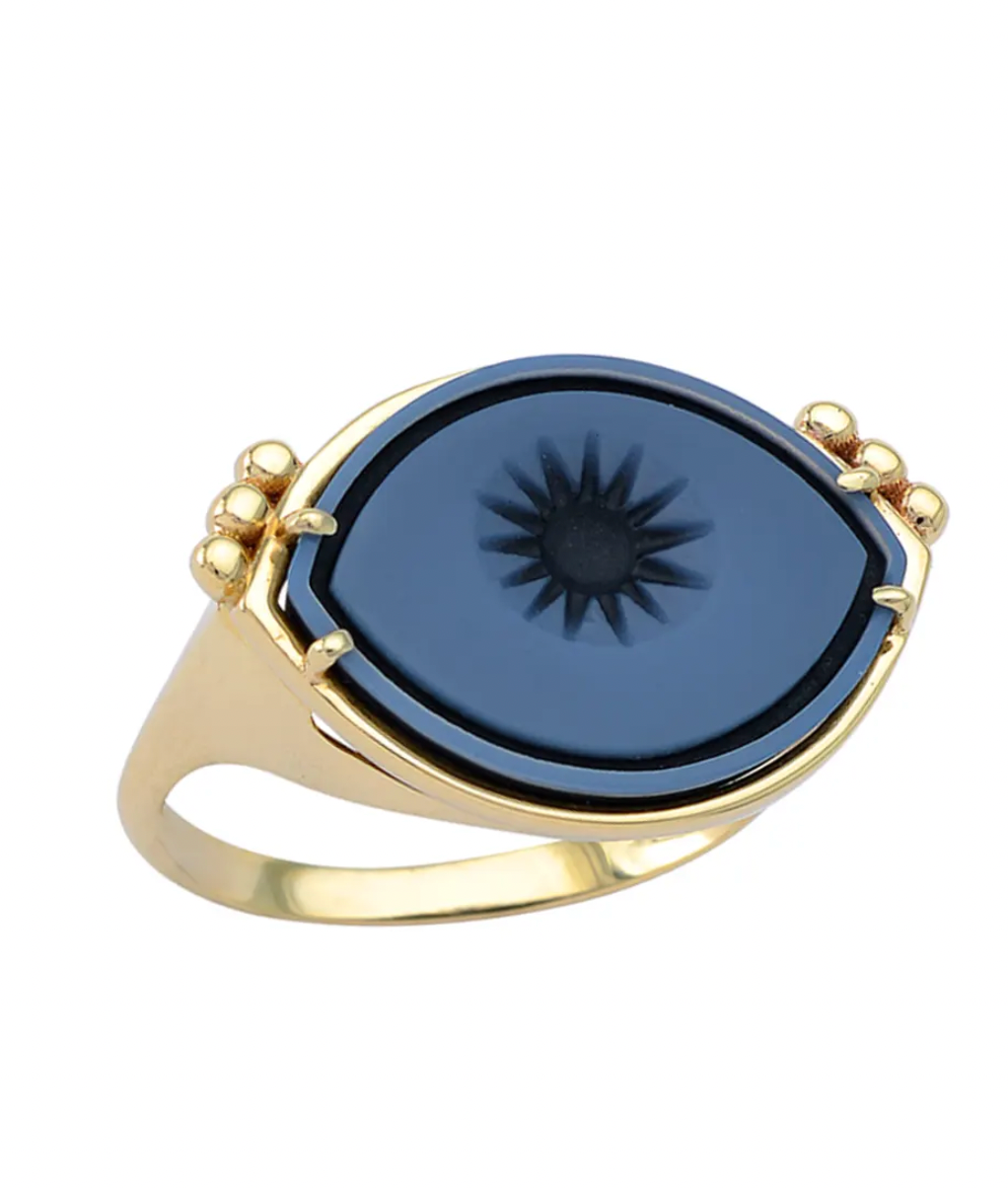 Cycladic Talisman 14K Gold Ring with Cameo Eye and 6 Gold Dots