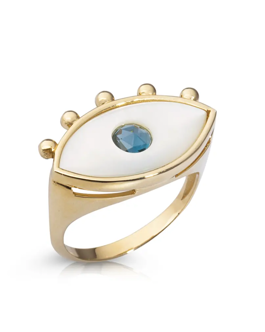 White and Blue Evil Eye 14K Gold Ring with 5 Gold Dots