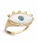 White and Blue Evil Eye 14K Gold Ring with 5 Gold Dots