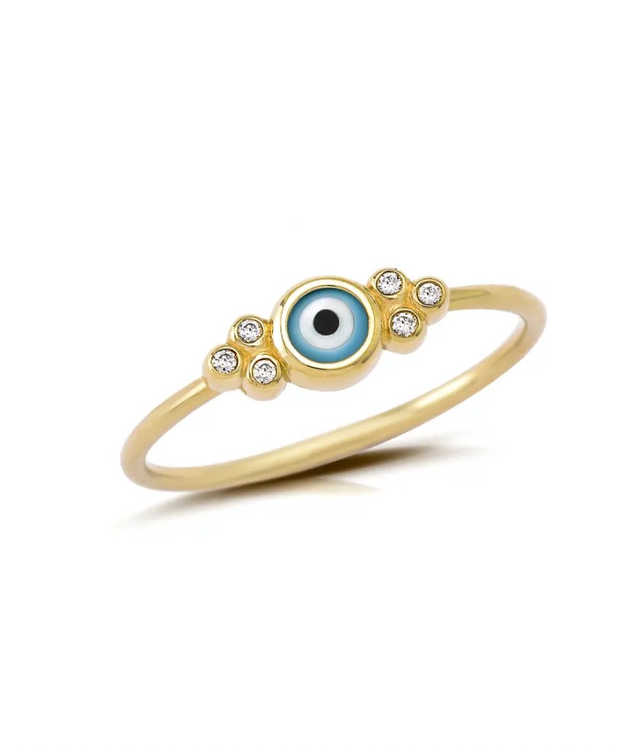 14k Gold Tiny Greek Round Evil Eye Ring with 6 Gold Dots in Diamonds