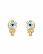 Round Evil Eye 14K Gold Tiny Earrings with 3 Diamonds