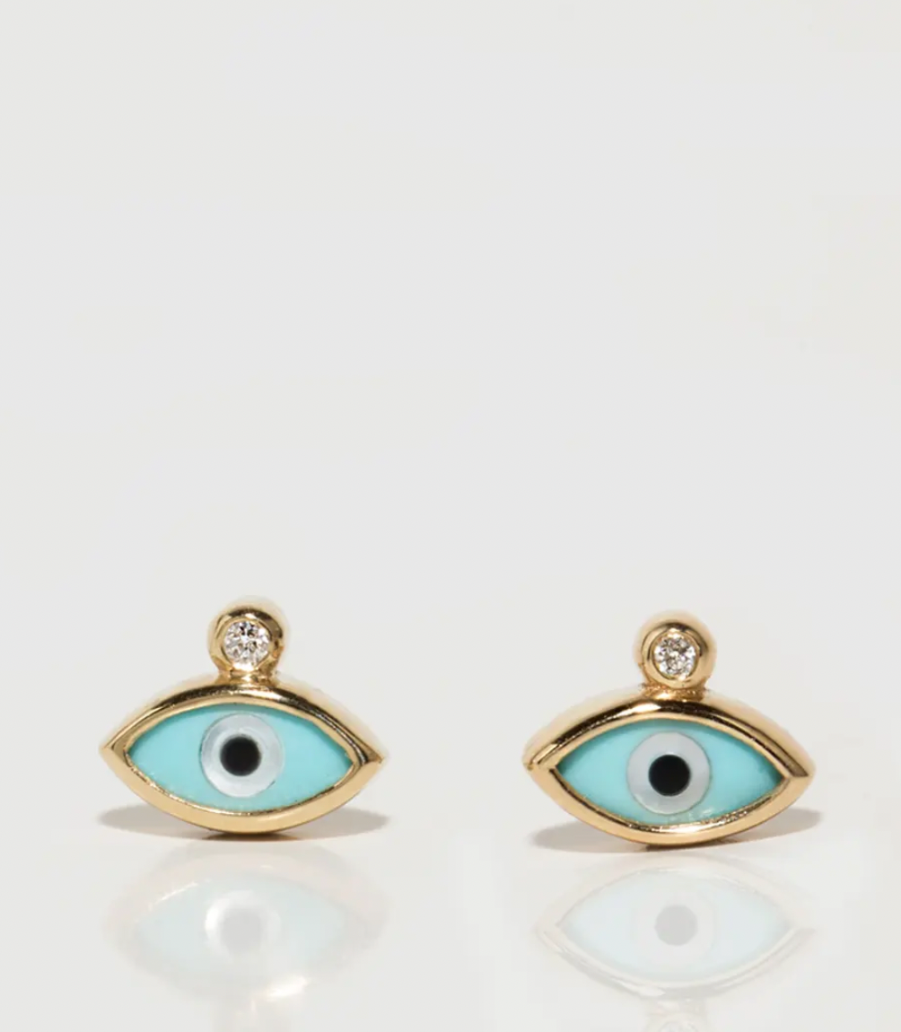 Navette Evil Eye 14K Gold Tiny Earrings with Diamond