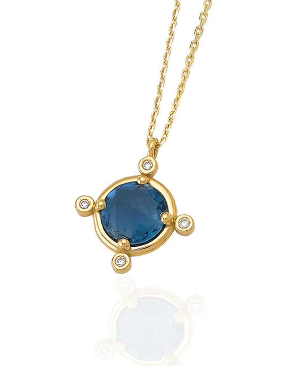 Round Shaped Gold London Blue Topaz 18K Gold Necklace with Diamonds
