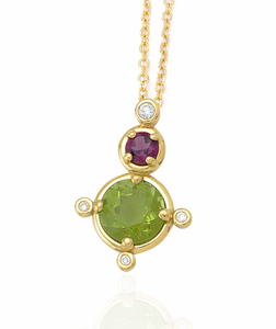 Round Shaped Peridot 18K Gold Necklace with Rhodolite and Diamonds