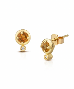 Round Shaped Citrine 18K Gold Earrings with Diamond
