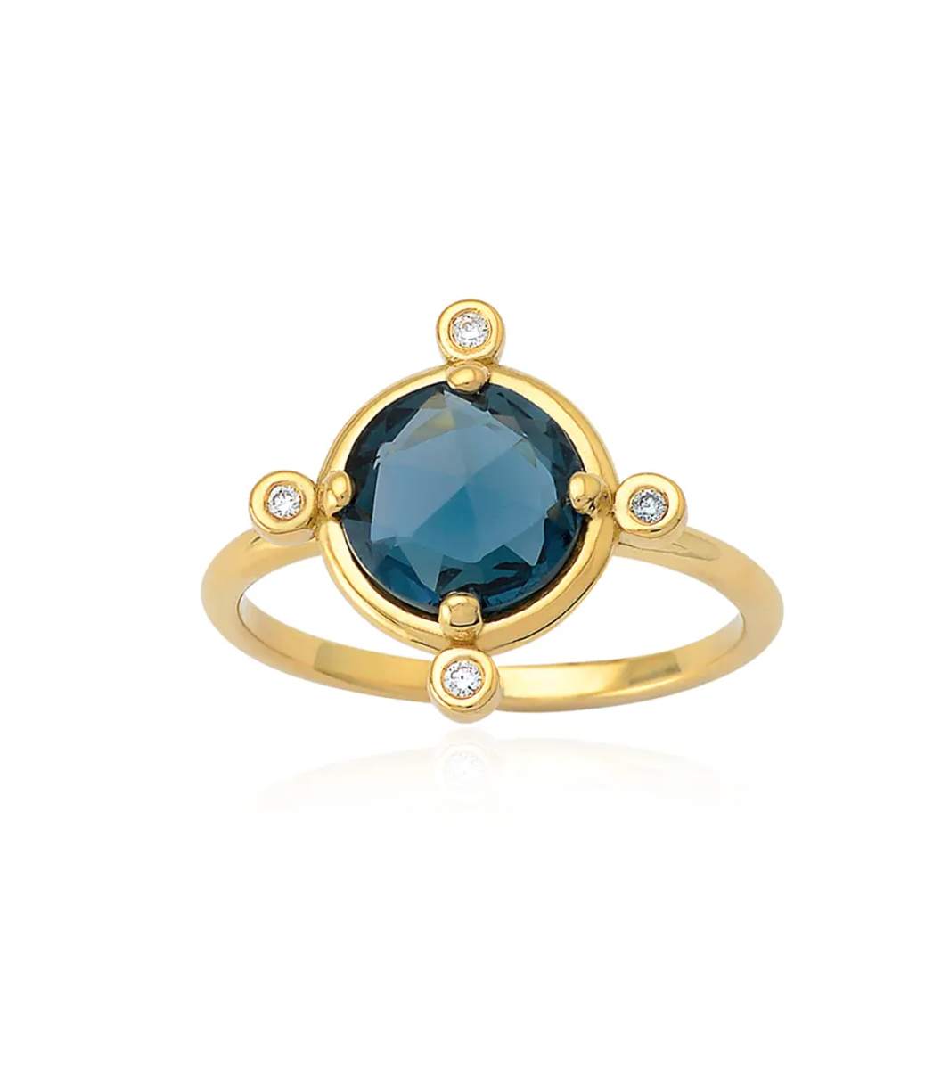 Round Shaped London Blue Topaz 18K Gold Ring with Diamonds