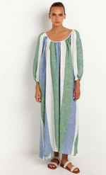 Long Linen Dress in Green/Blue Stripes
