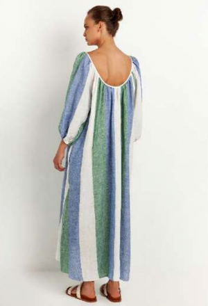 Long Linen Dress in Green/Blue Stripes