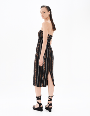 Handcrafted Motifs Midi Dress in Black Orange Type
